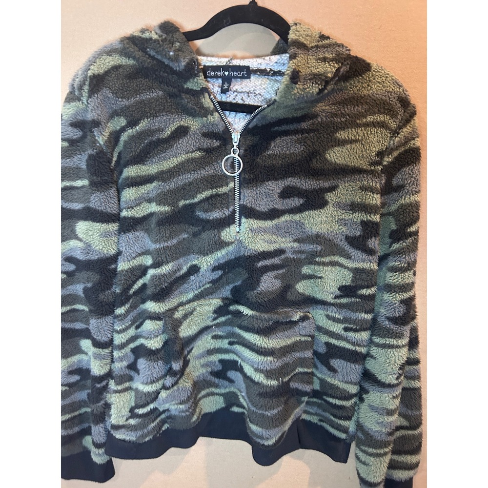Derek Heart Camo Sherpa Hoodie Womens Large Green Grey Excellent Quarter Zip - Picture 2 of 6
